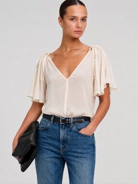 A.L.C. Cream Silk Tie Shoulder Flutter Sleeve V-Neck Blouse